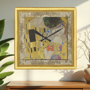 Relógio Quadrado Beijo, Gustav Klimt, Canvas enquadrada