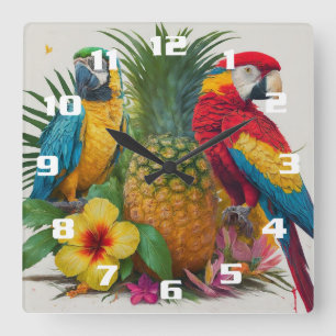 Relógio Quadrado Bela Arte Tropical Papagaio Abacaxi e Flor