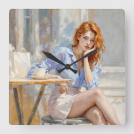 Relógio Quadrado Bela cabeleira vermelha sentada em um café, soft a