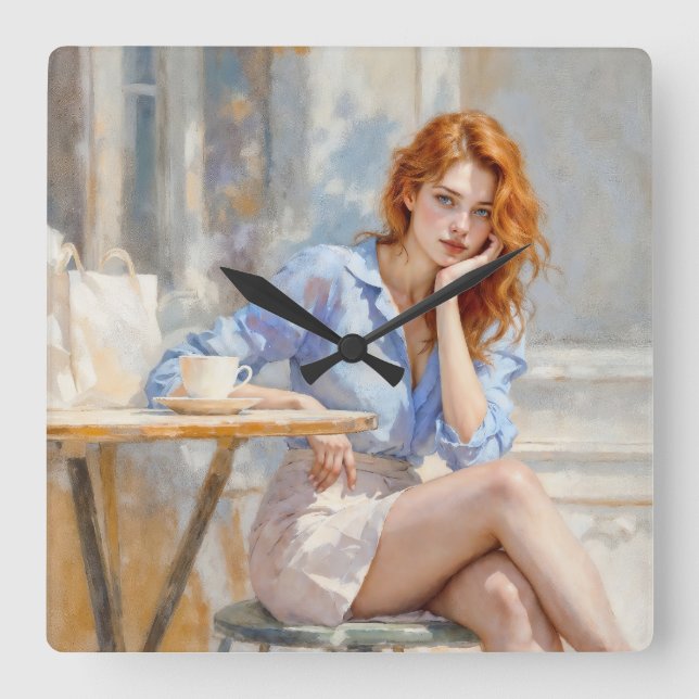Relógio Quadrado Bela cabeleira vermelha sentada em um café, soft a (Frente)