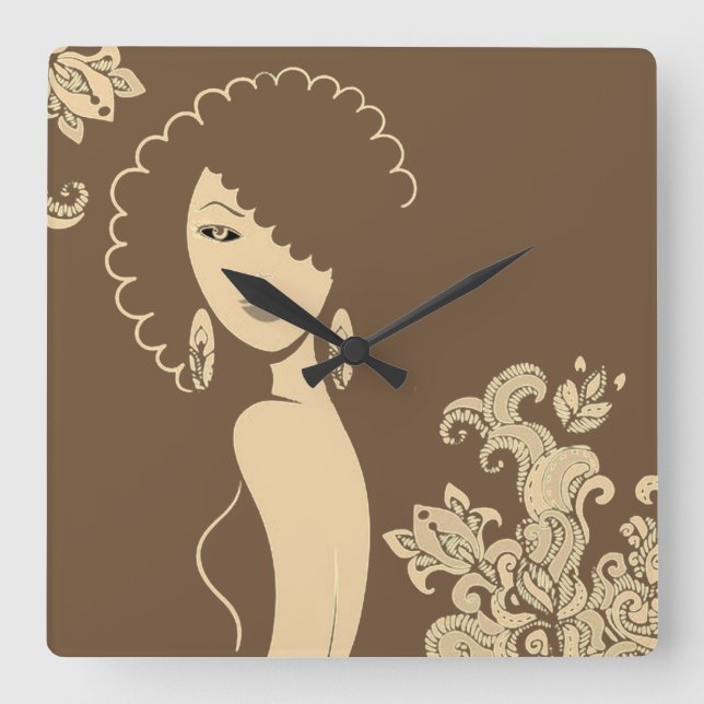 Relógio Quadrado Bela Mulher de Cabelo Natural (Frente)