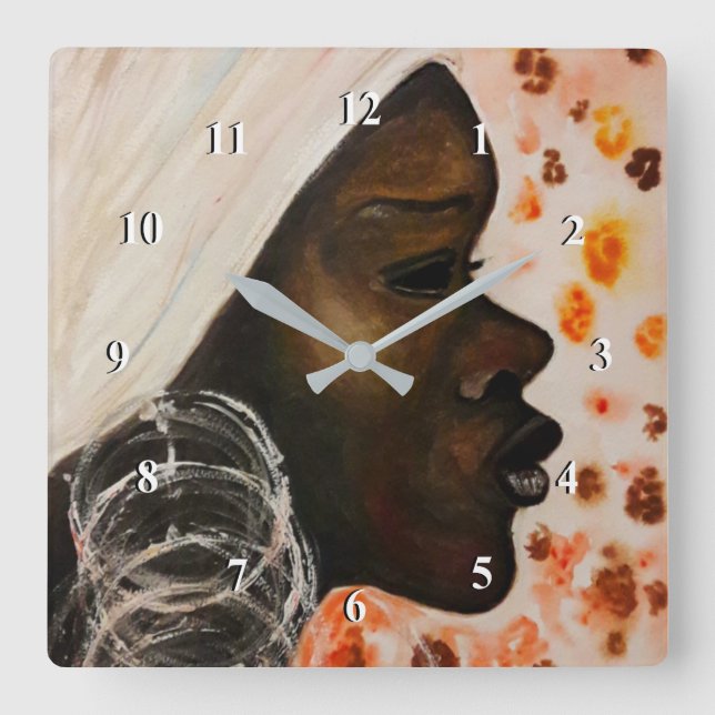 Relógio Quadrado Beleza Africana - Pintura em Aquarela (Frente)