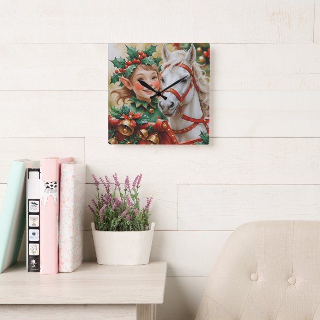 Relógio Quadrado Bells Holly and Horse Christmas Elf (Sala de leitura)