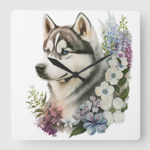 RELÓGIO QUADRADO BELO CÃO SIBERIANO HUSKY COM FLORES