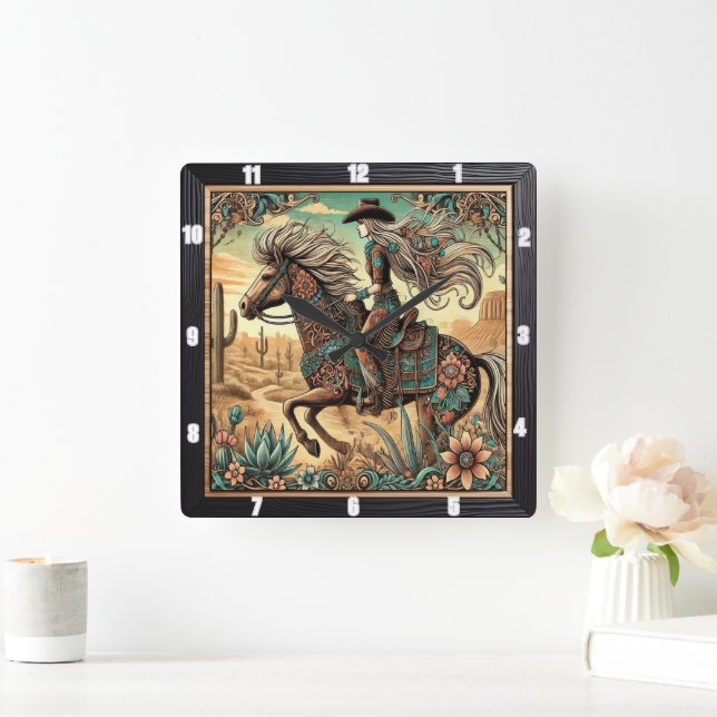 Relógio Quadrado Belo cavaleiro em um cavalo na paisagem do deserto (Lar)