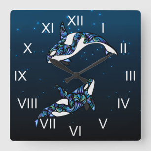 Relógio Quadrado Belo Colorir Orca Whales Beach