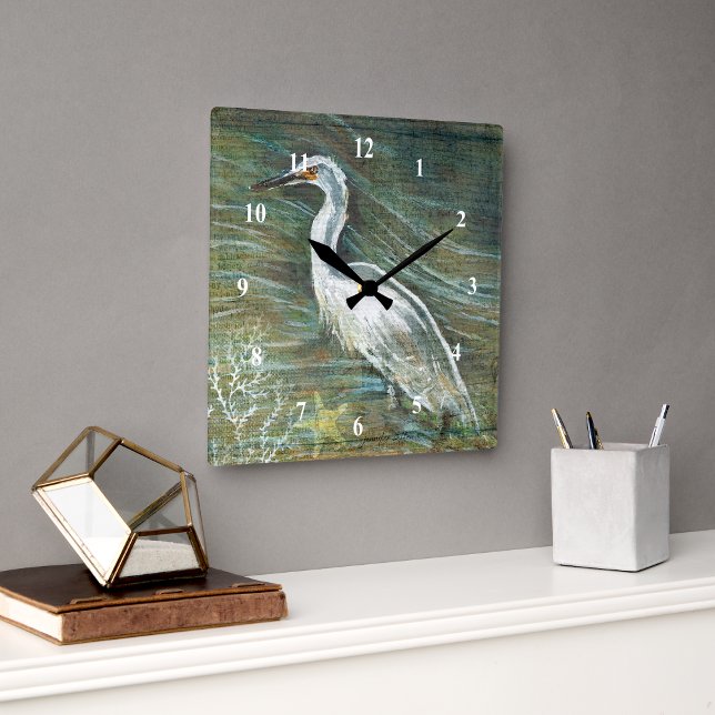 Relógio Quadrado Belo Egret Shorebird Descendo Na Arte Da Água (Egret shorebird wall clock from Jenn's Emporium. )