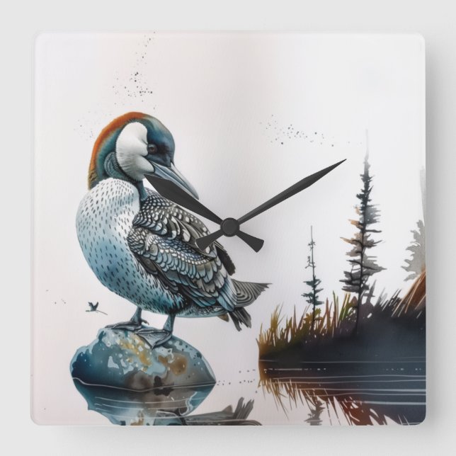 Relógio Quadrado belo leão sobre a água em aquarela (Frente)