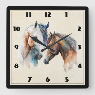 Relógio Quadrado Belos Cavalos Estilo Boho Ocidental