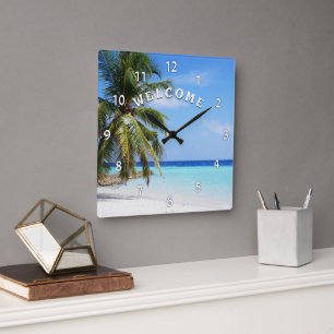 Relógio Quadrado Bem-vindo, Ilha Beach Palm Tree Wall Clock