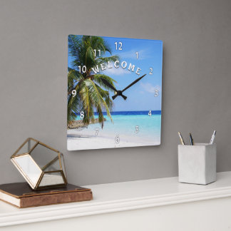 Relógio Quadrado Bem-vindo, Ilha Beach Palm Tree Wall Clock