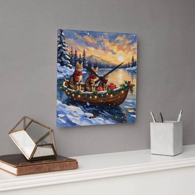 Relógio Quadrado Bengal Cat Christmas Boat Holiday (Escritório)