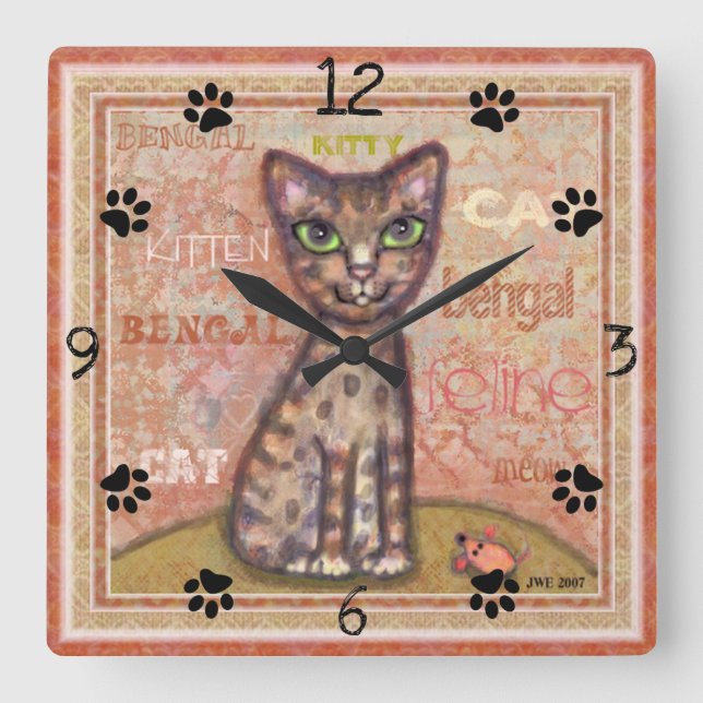 Relógio Quadrado Bengal Cat Lover Square Wall Clock (Frente)