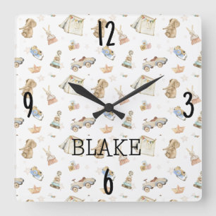 Relógio Quadrado Berçário Branco Aquarela Brinquedos Antigos 10,75-