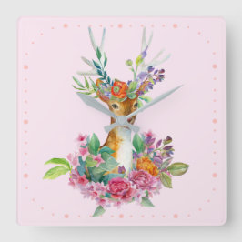 Relógio Quadrado Berçário de Bebê com Floral Pintado à Aquarela e C