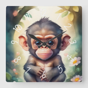 Relógio Quadrado Berçário de Chimpanzés em Aquarela