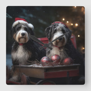Relógio Quadrado Bernedoodle Snowy Sleigh Decência de Natal