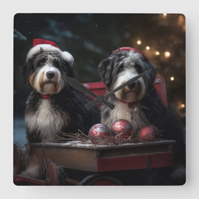 Relógio Quadrado Bernedoodle Snowy Sleigh Decência de Natal (Frente)