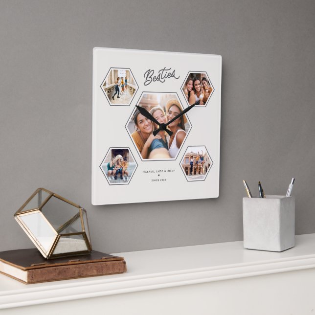 Relógio Quadrado Besties 5 Photo Custom Collage Script Keepsake (Escritório)