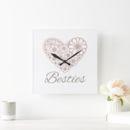 Relógio Quadrado Besties Floral Neutral Heart, Friendship Gift