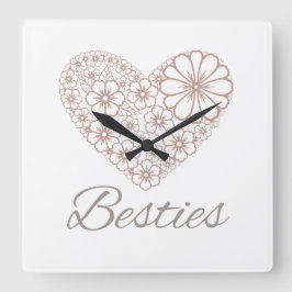 Relógio Quadrado Besties Floral Neutral Heart, Friendship Gift