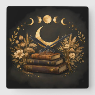 Relógio Quadrado Biblioteca Mística Dourada & Arte Boho Botânica da