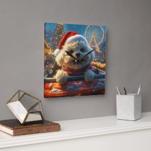Relógio Quadrado Bichon Frise Cog Roller Porta copos Natal