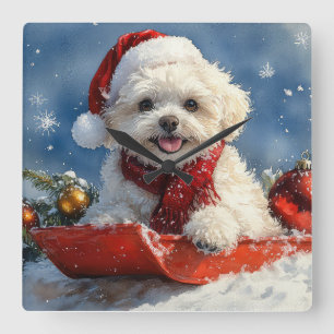 Relógio Quadrado Bichon Frise Dog Sledge Deixe-o nevar no Natal