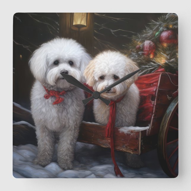 Relógio Quadrado Bichon Frise Snowy Sleigh Decoração de Natal (Frente)