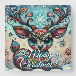 Relógio Quadrado Big Eye Christmas Reindeer Folk Art Personalized
