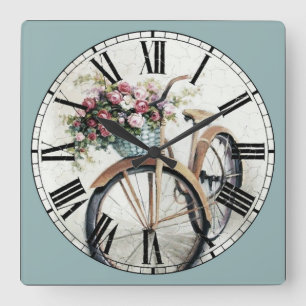 Relógio Quadrado Bike Vintage com Flores no Cesto