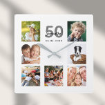 Relógio Quadrado Birthday custom family photo collage milestone<br><div class="desc">A wall clock as a gift for a 50th (or any age) birthday for a woman, celebrating her life with a collage of 7 of your photos. Personalize and add a name, age 50 and a date. Date of birth or the date of the anniversary. Black and gray colored letters....</div>