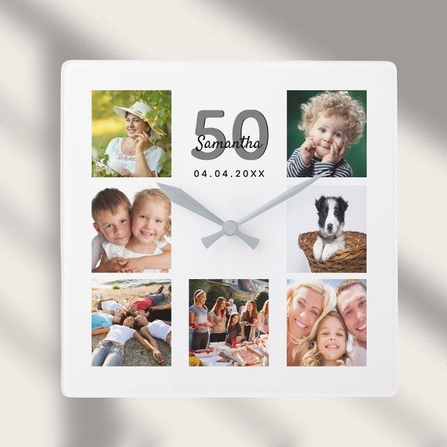 Relógio Quadrado Birthday custom family photo collage milestone (Criador carregado)