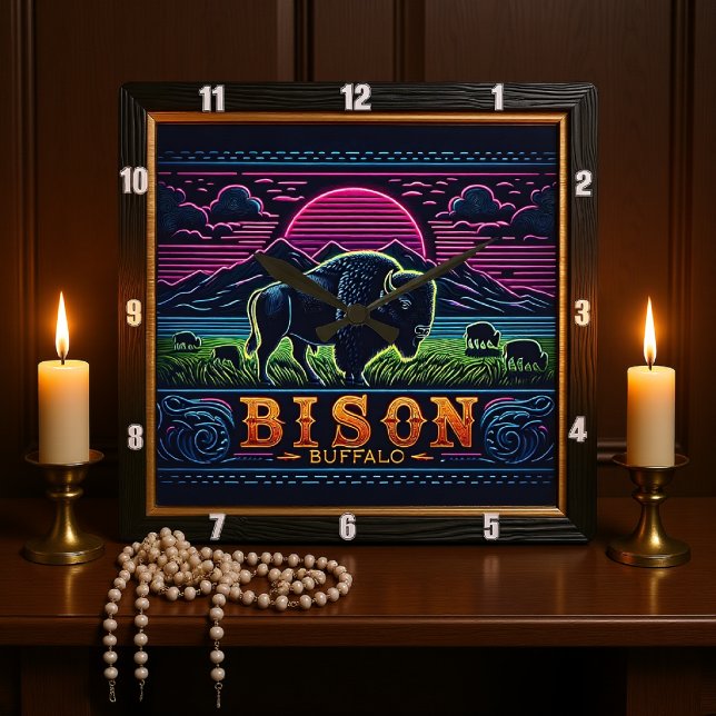 Relógio Quadrado Bison Buffalo Neon Bison Sunset (Criador carregado)