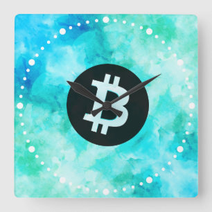Relógio Quadrado Bitcoin Aquarela (Estilo 3 - Vida na Praia)