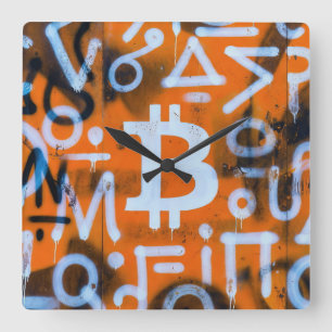 Relógio Quadrado "Bitcoin Graffiti" (Estilo #1) Arte Urbana