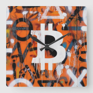 Relógio Quadrado "Bitcoin Graffiti" (Estilo #2) Arte de Rua