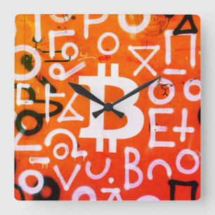 Relógio Quadrado "Bitcoin Graffiti" (Estilo #7) Arte de Rua