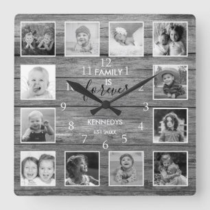 Relógio Quadrado Black And White 12 Photo Collage Family Name Wood