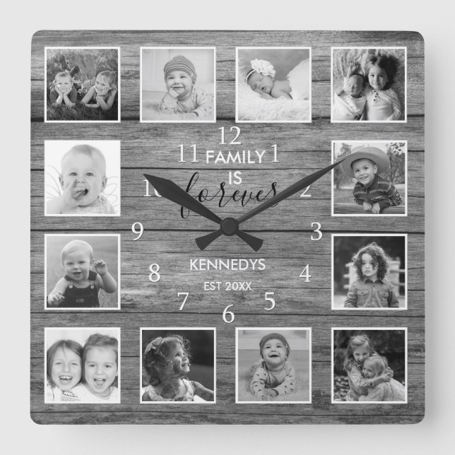 Relógio Quadrado Black And White 12 Photo Collage Family Name Wood  (Frente)