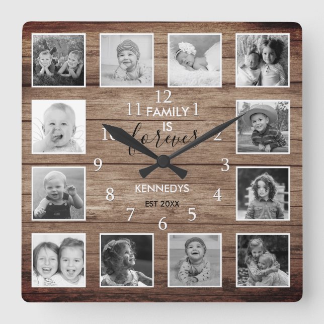 Relógio Quadrado Black And White 12 Photo Collage Family Name Wood (Frente)