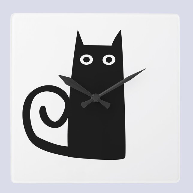 Relógio Quadrado Black Cat (Fun black cat art wall clock for animal lovers. Original art by Nic Squirrell. )