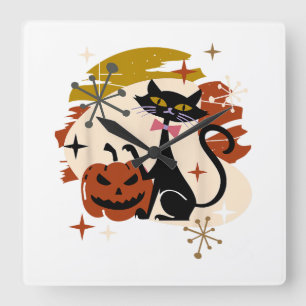 Relógio Quadrado Black Cat and Pumpkin Atomic Retro Halloween