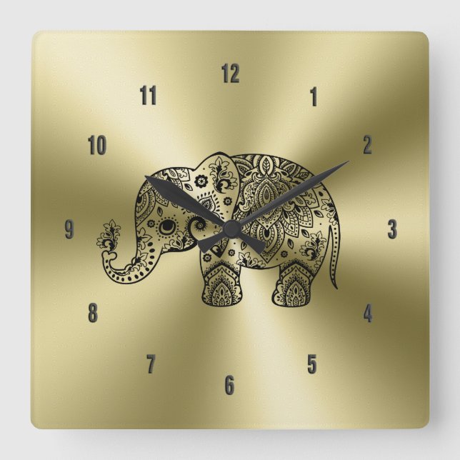 Relógio Quadrado Black Floral Paisley Elephant Dourado Aço Inoxidáv (Frente)