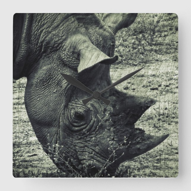 Relógio Quadrado Black Rhino Grazing, Grunge, Monochrome (Frente)