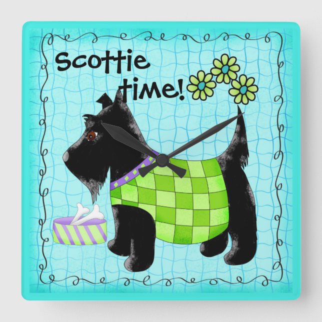 Relógio Quadrado Black Scottie Terrier Dog Personalizado Turquoise (Frente)