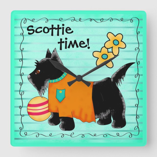Relógio Quadrado Black Scottie Terrier Dog Personalizado Verde-Teal (Frente)