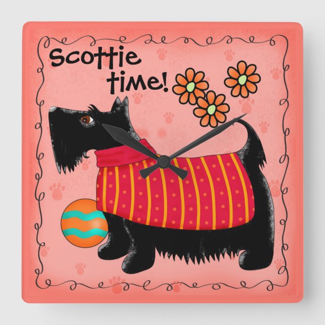 Relógio Quadrado Black Scottie Time Dog Personalizado Red Orange (Frente)