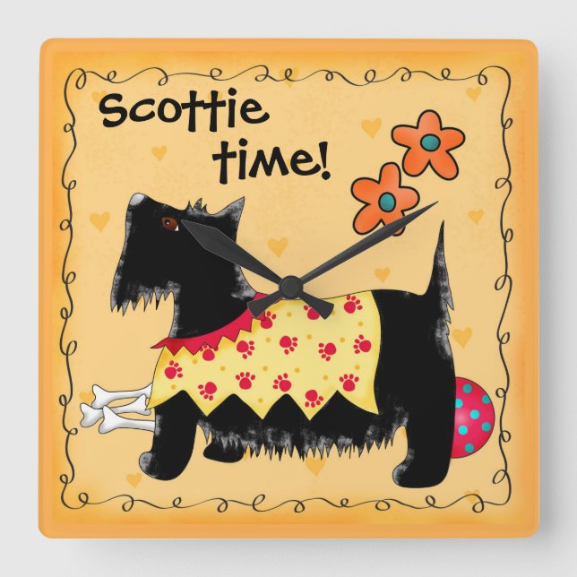Relógio Quadrado Black Scottie Time Terrier Dog Personalizado Yello (Frente)
