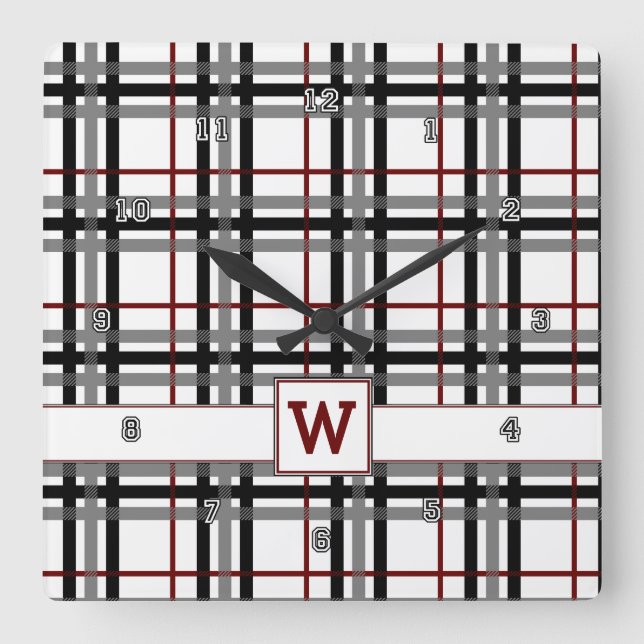 Relógio Quadrado Black White and Red Plaid Clock (Frente)